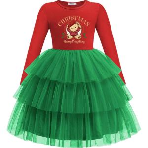 Arshiner Toddler Tutu Dress Girls Long Sleeve Fall Winter Tiered Formal Party Tulle Dresses for Kids 2-6Y(Christmas Tree)
