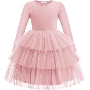 Arshiner Toddler Tutu Dress Girls Long Sleeve Fall Winter Tiered Formal Party Tulle Dresses for Kids 2-6Y(Dusty Pink)