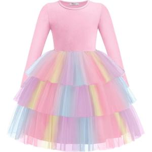 Arshiner Toddler Tutu Dress Girls Long Sleeve Fall Winter Tiered Formal Party Tulle Dresses for Kids 2-6Y(Rainbow)