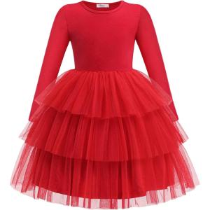 Arshiner Toddler Tutu Dress Girls Long Sleeve Fall Winter Tiered Formal Party Tulle Dresses for Kids 2-6Y(Red)