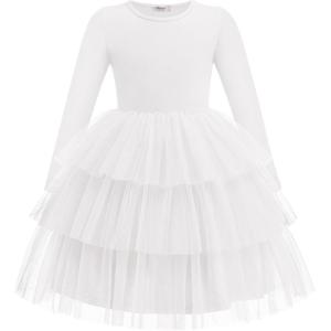 Arshiner Toddler Tutu Dress Girls Long Sleeve Fall Winter Tiered Formal Party Tulle Dresses for Kids 2-6Y(White)