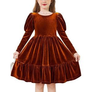 Arshiner Toddler Velvet Dress Girls Puff Long Sleeves Crew Neck Party Fall Winter Ruffle Dresses with Pockets 2-8Y(Caramel)