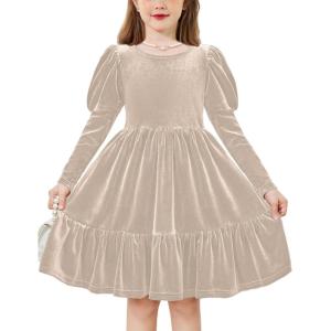 Arshiner Toddler Velvet Dress Girls Puff Long Sleeves Crew Neck Party Fall Winter Ruffle Dresses with Pockets 2-8Y(Champagne)