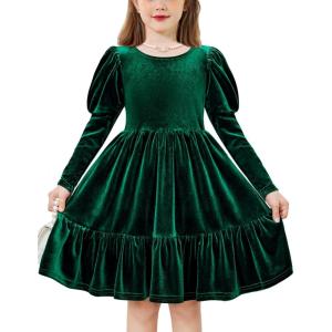 Arshiner Toddler Velvet Dress Girls Puff Long Sleeves Crew Neck Party Fall Winter Ruffle Dresses with Pockets 2-8Y(Green)
