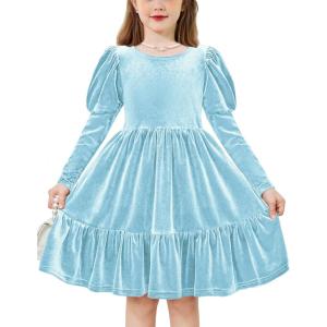 Arshiner Toddler Velvet Dress Girls Puff Long Sleeves Crew Neck Party Fall Winter Ruffle Dresses with Pockets 2-8Y(Light Blue)