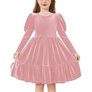 Arshiner Toddler Velvet Dress Girls Puff Long Sleeves Crew Neck Party Fall Winter Ruffle Dresses with Pockets 2-8Y(Pink)