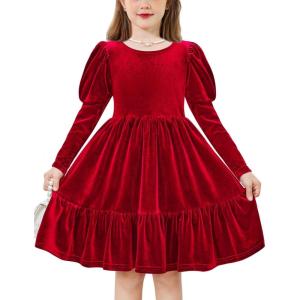 Arshiner Toddler Velvet Dress Girls Puff Long Sleeves Crew Neck Party Fall Winter Ruffle Dresses with Pockets 2-8Y(Red)