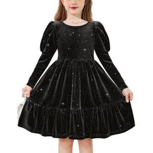 Arshiner Toddler Velvet Dress Girls Puff Long Sleeves Crew Neck Party Fall Winter Ruffle Dresses with Pockets 2-8Y(Sequins Black)