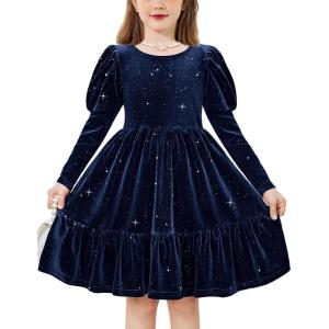 Arshiner Toddler Velvet Dress Girls Puff Long Sleeves Crew Neck Party Fall Winter Ruffle Dresses with Pockets 2-8Y(Sequins Blue)