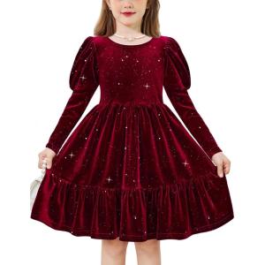 Arshiner Toddler Velvet Dress Girls Puff Long Sleeves Crew Neck Party Fall Winter Ruffle Dresses with Pockets 2-8Y(Sequins Burgundy)
