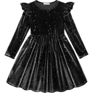 Arshiner Toddler Velvet Dress Little Girls Fall Winter Long Sleeve Ruffle Holiday Birthday Party Dresses with Pockets(Black Sequin)