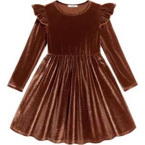 Arshiner Toddler Velvet Dress Little Girls Fall Winter Long Sleeve Ruffle Holiday Birthday Party Dresses with Pockets(Brown)