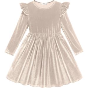 Arshiner Toddler Velvet Dress Little Girls Fall Winter Long Sleeve Ruffle Holiday Birthday Party Dresses with Pockets(Champagne)