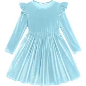 Arshiner Toddler Velvet Dress Little Girls Fall Winter Long Sleeve Ruffle Holiday Birthday Party Dresses with Pockets(Light Blue)