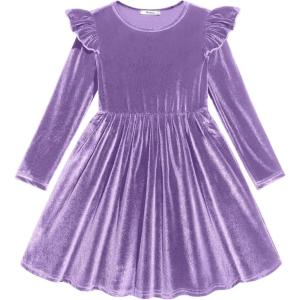 Arshiner Toddler Velvet Dress Little Girls Fall Winter Long Sleeve Ruffle Holiday Birthday Party Dresses with Pockets(Lilac)