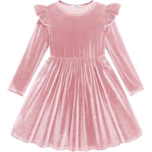 Arshiner Toddler Velvet Dress Little Girls Fall Winter Long Sleeve Ruffle Holiday Birthday Party Dresses with Pockets(Pink)