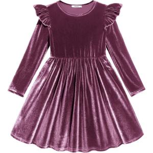 Arshiner Toddler Velvet Dress Little Girls Fall Winter Long Sleeve Ruffle Holiday Birthday Party Dresses with Pockets(Purple)