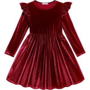 Arshiner Toddler Velvet Dress Little Girls Fall Winter Long Sleeve Ruffle Holiday Birthday Party Dresses with Pockets(Red)