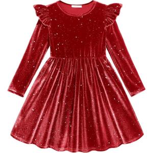 Arshiner Toddler Velvet Dress Little Girls Fall Winter Long Sleeve Ruffle Holiday Birthday Party Dresses with Pockets(Red Sequin)