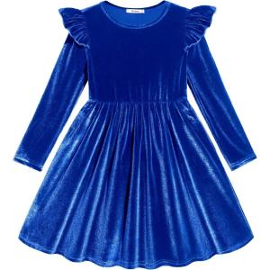 Arshiner Toddler Velvet Dress Little Girls Fall Winter Long Sleeve Ruffle Holiday Birthday Party Dresses with Pockets(Royal Blue)