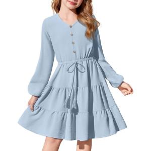 Arshiner Tween Girls Dresses Fall Long Sleeve V Neck Waist Tie Ruffle Tiered Swing Skater Dress(Blue)