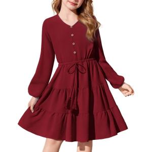 Arshiner Tween Girls Dresses Fall Long Sleeve V Neck Waist Tie Ruffle Tiered Swing Skater Dress(Burgundy)