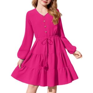 Arshiner Tween Girls Dresses Fall Long Sleeve V Neck Waist Tie Ruffle Tiered Swing Skater Dress(Hot Pink)