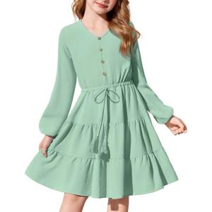 Arshiner Tween Girls Dresses Fall Long Sleeve V Neck Waist Tie Ruffle Tiered Swing Skater Dress(Light Green)