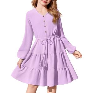 Arshiner Tween Girls Dresses Fall Long Sleeve V Neck Waist Tie Ruffle Tiered Swing Skater Dress(Lilac)