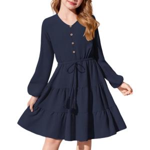 Arshiner Tween Girls Dresses Fall Long Sleeve V Neck Waist Tie Ruffle Tiered Swing Skater Dress(Navy Blue)