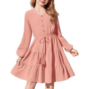 Arshiner Tween Girls Dresses Fall Long Sleeve V Neck Waist Tie Ruffle Tiered Swing Skater Dress(Pink)