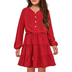 Arshiner Tween Girls Dresses Fall Long Sleeve V Neck Waist Tie Ruffle Tiered Swing Skater Dress(Red)
