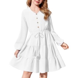 Arshiner Tween Girls Dresses Fall Long Sleeve V Neck Waist Tie Ruffle Tiered Swing Skater Dress(White)