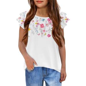Girls T Shirts Ruffle Short Sleeve Round Neck Loose Blouse Summer Solid Color Casual Girl Tee Tops for 3-12 Years(Flowers)