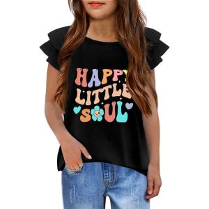 Girls T Shirts Ruffle Short Sleeve Round Neck Loose Blouse Summer Solid Color Casual Girl Tee Tops for 3-12 Years(Happy Llittle Soul)