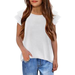 Girls T Shirts Ruffle Short Sleeve Round Neck Loose Blouse Summer Solid Color Casual Girl Tee Tops for 3-12 Years(Off-white)