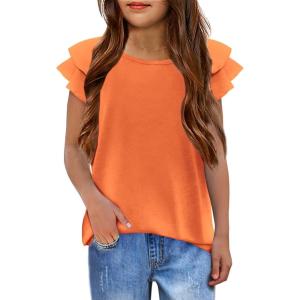 Girls T Shirts Ruffle Short Sleeve Round Neck Loose Blouse Summer Solid Color Casual Girl Tee Tops for 3-12 Years(Orange)