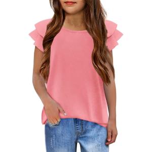 Girls T Shirts Ruffle Short Sleeve Round Neck Loose Blouse Summer Solid Color Casual Girl Tee Tops for 3-12 Years(Pink)