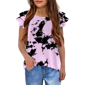 Girls T Shirts Ruffle Short Sleeve Round Neck Loose Blouse Summer Solid Color Casual Girl Tee Tops for 3-12 Years(Tie Dye 1)