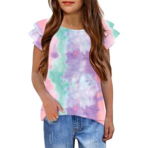 Girls T Shirts Ruffle Short Sleeve Round Neck Loose Blouse Summer Solid Color Casual Girl Tee Tops for 3-12 Years(Tie Dye 2)
