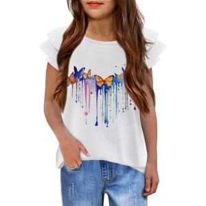 Girls T Shirts Ruffle Short Sleeve Round Neck Loose Blouse Summer Solid Color Casual Girl Tee Tops for 3-12 Years(Tie Dye Butterfly)