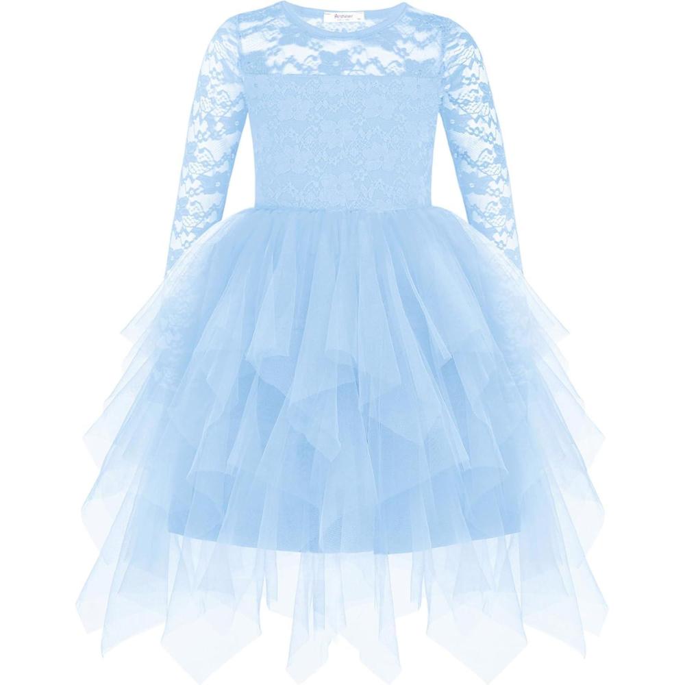 imageArshiner Flower Girl Dress Toddler Contrast Lace Tutu Irregular Tulle Wedding Birthday Party DressesBlue