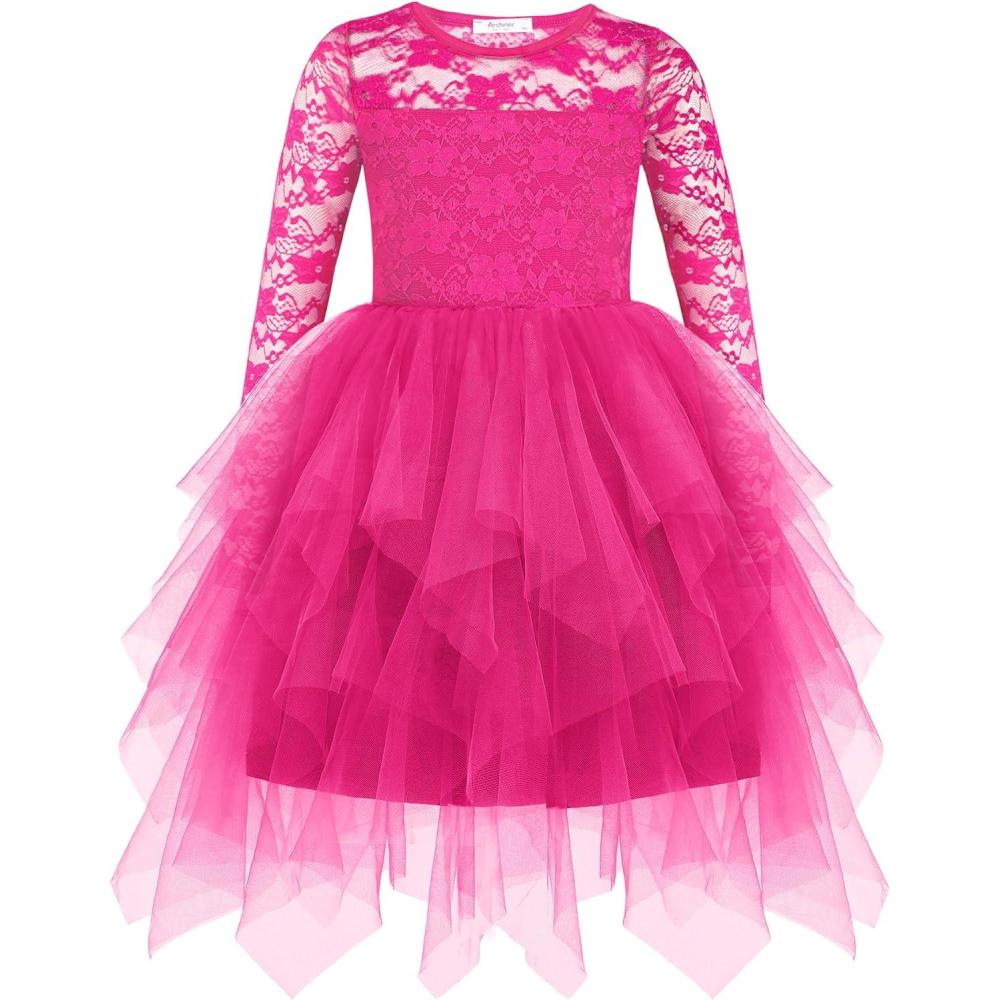 imageArshiner Flower Girl Dress Toddler Contrast Lace Tutu Irregular Tulle Wedding Birthday Party DressesHot Pink