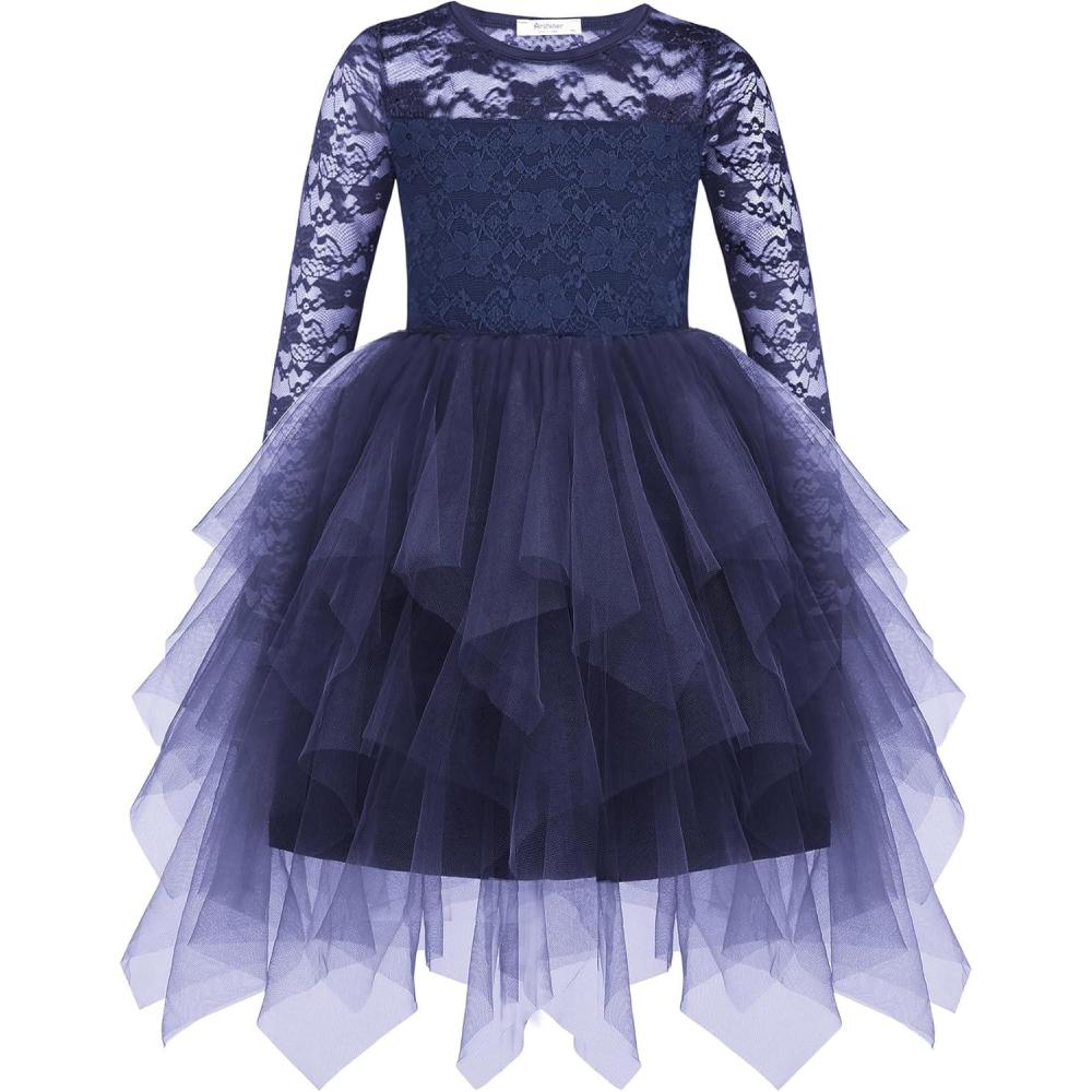 imageArshiner Flower Girl Dress Toddler Contrast Lace Tutu Irregular Tulle Wedding Birthday Party DressesNavy Blue