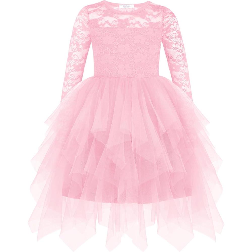 imageArshiner Flower Girl Dress Toddler Contrast Lace Tutu Irregular Tulle Wedding Birthday Party DressesPink