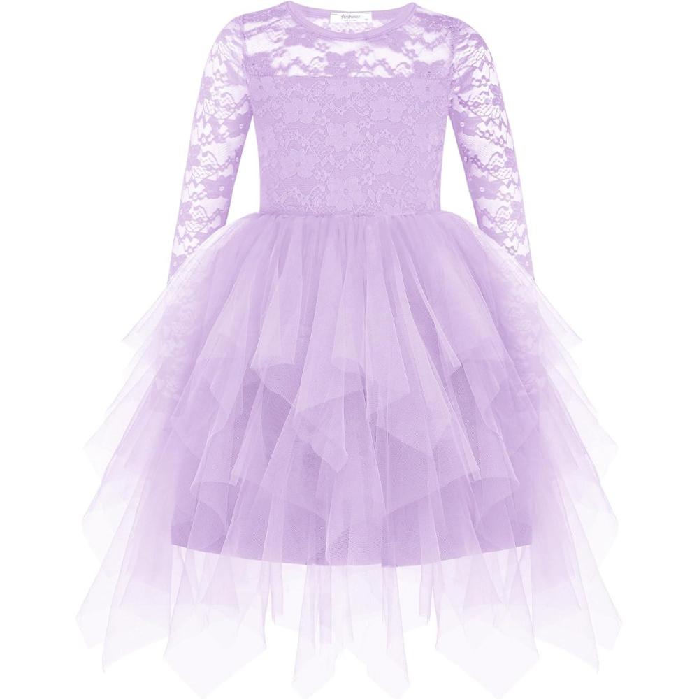 imageArshiner Flower Girl Dress Toddler Contrast Lace Tutu Irregular Tulle Wedding Birthday Party DressesPurple