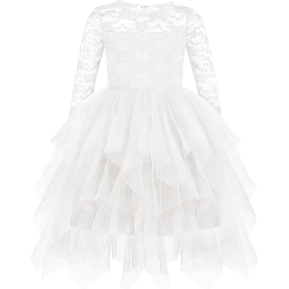 imageArshiner Flower Girl Dress Toddler Contrast Lace Tutu Irregular Tulle Wedding Birthday Party DressesWhite