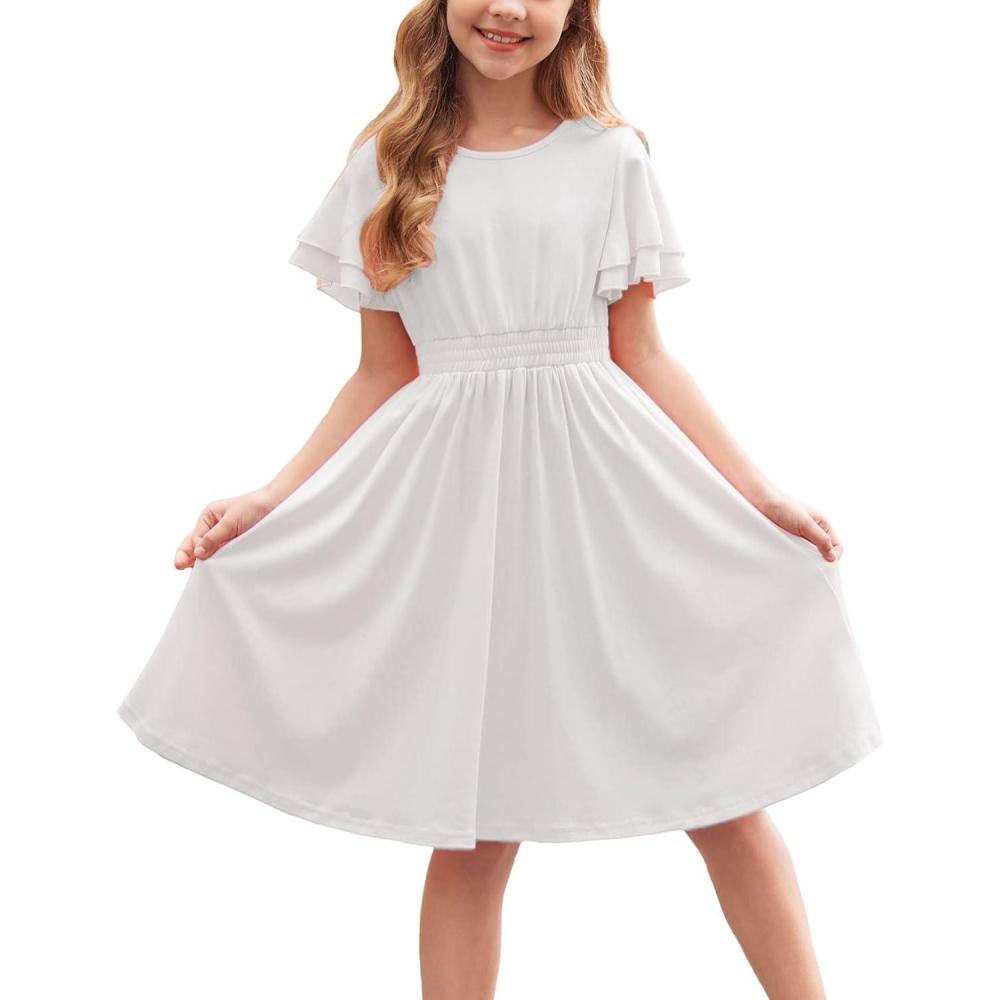 imageArshiner Girls Casual Dress Summer Scoop Neck Short Sleeve Flowy Print and Plain Sundress for Kids 414Y0white