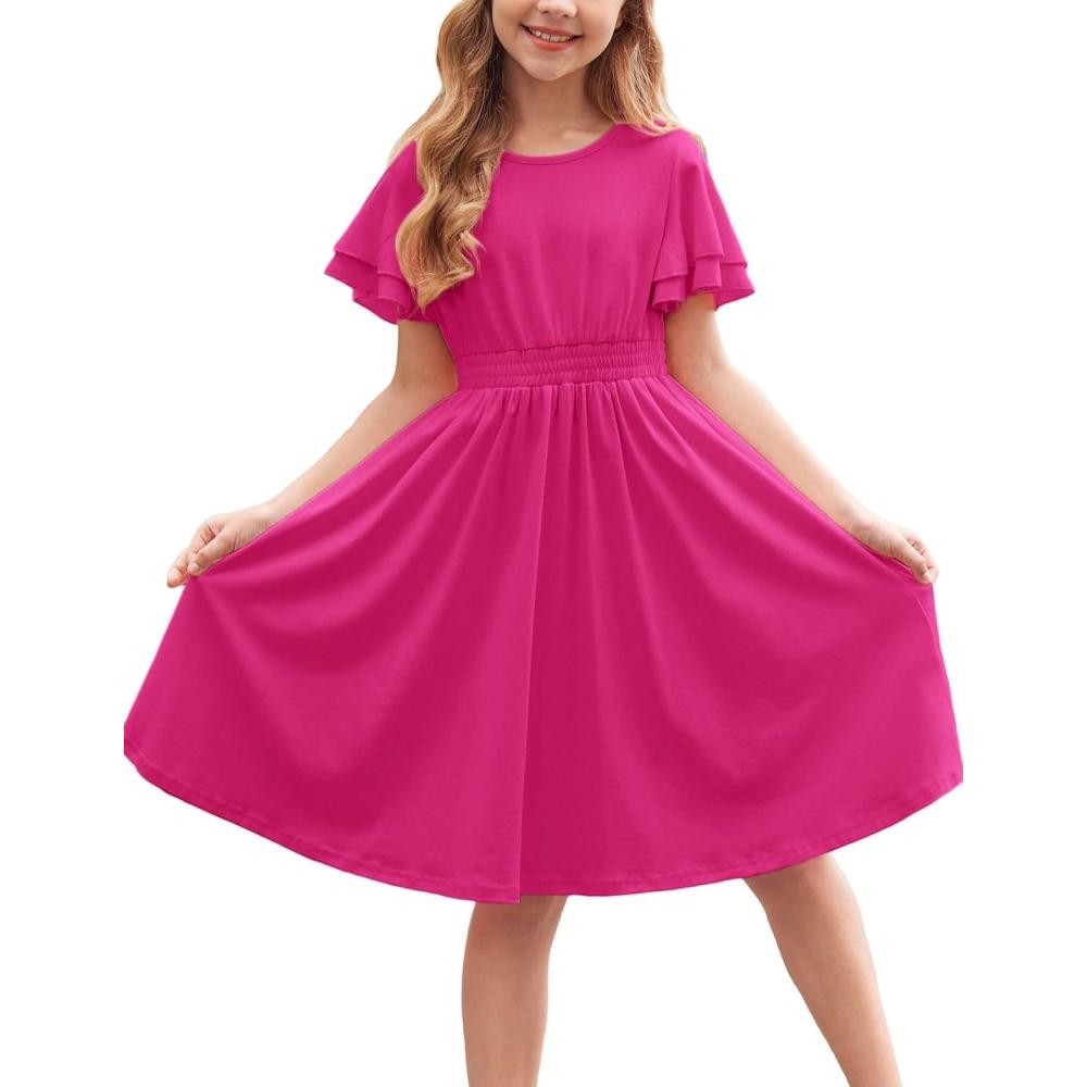 imageArshiner Girls Casual Dress Summer Scoop Neck Short Sleeve Flowy Print and Plain Sundress for Kids 414YHot Pink