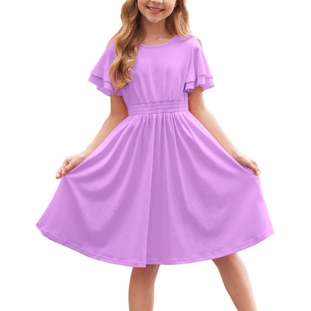 imageArshiner Girls Casual Dress Summer Scoop Neck Short Sleeve Flowy Print and Plain Sundress for Kids 414YLavender